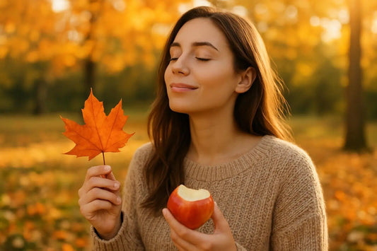 Frau entspannt im herbstlichen Wald, Sonnenlicht fällt durch die Bäume